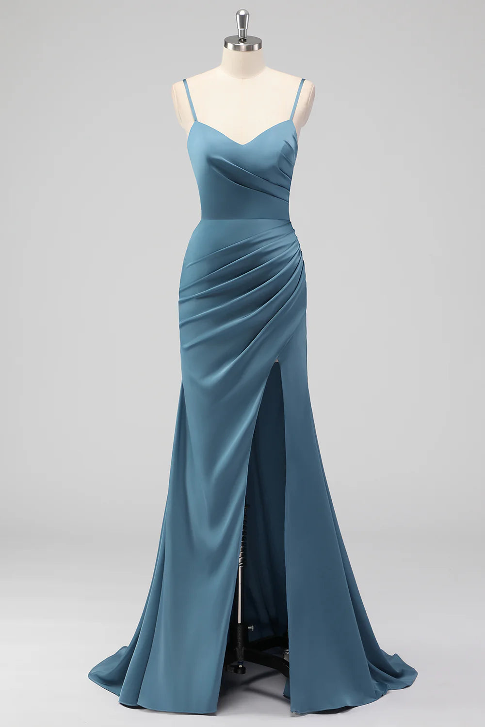 Dusty blue mermaid spaghetti strap pleated satin long bridesmaid dress with slit