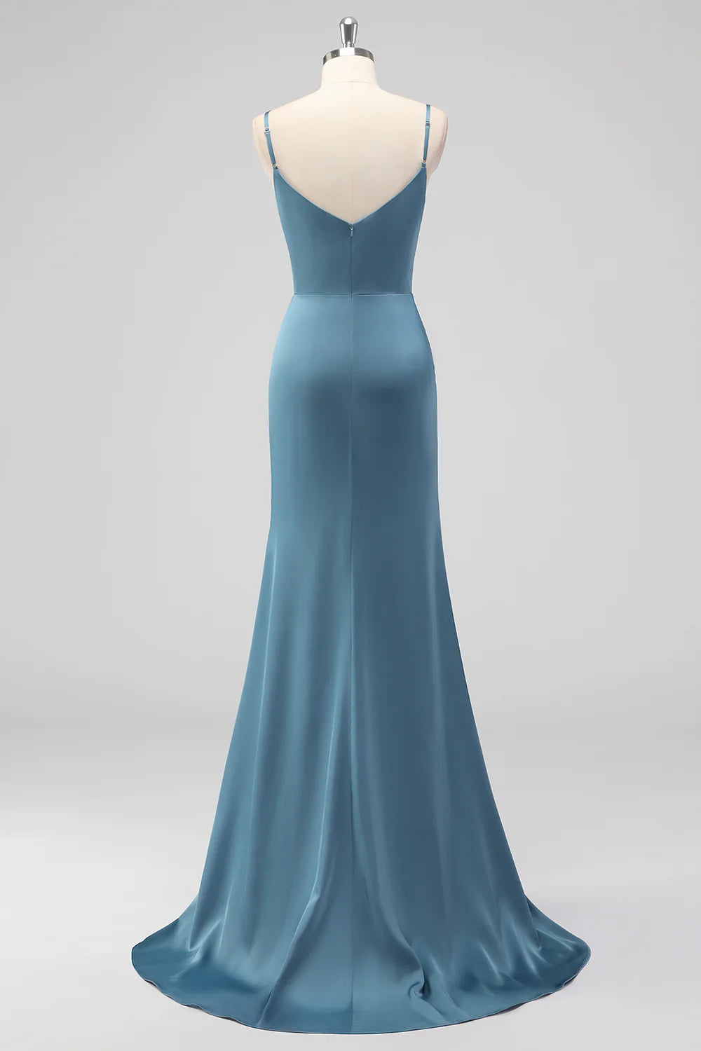 Dusty blue mermaid spaghetti strap pleated satin long bridesmaid dress with slit