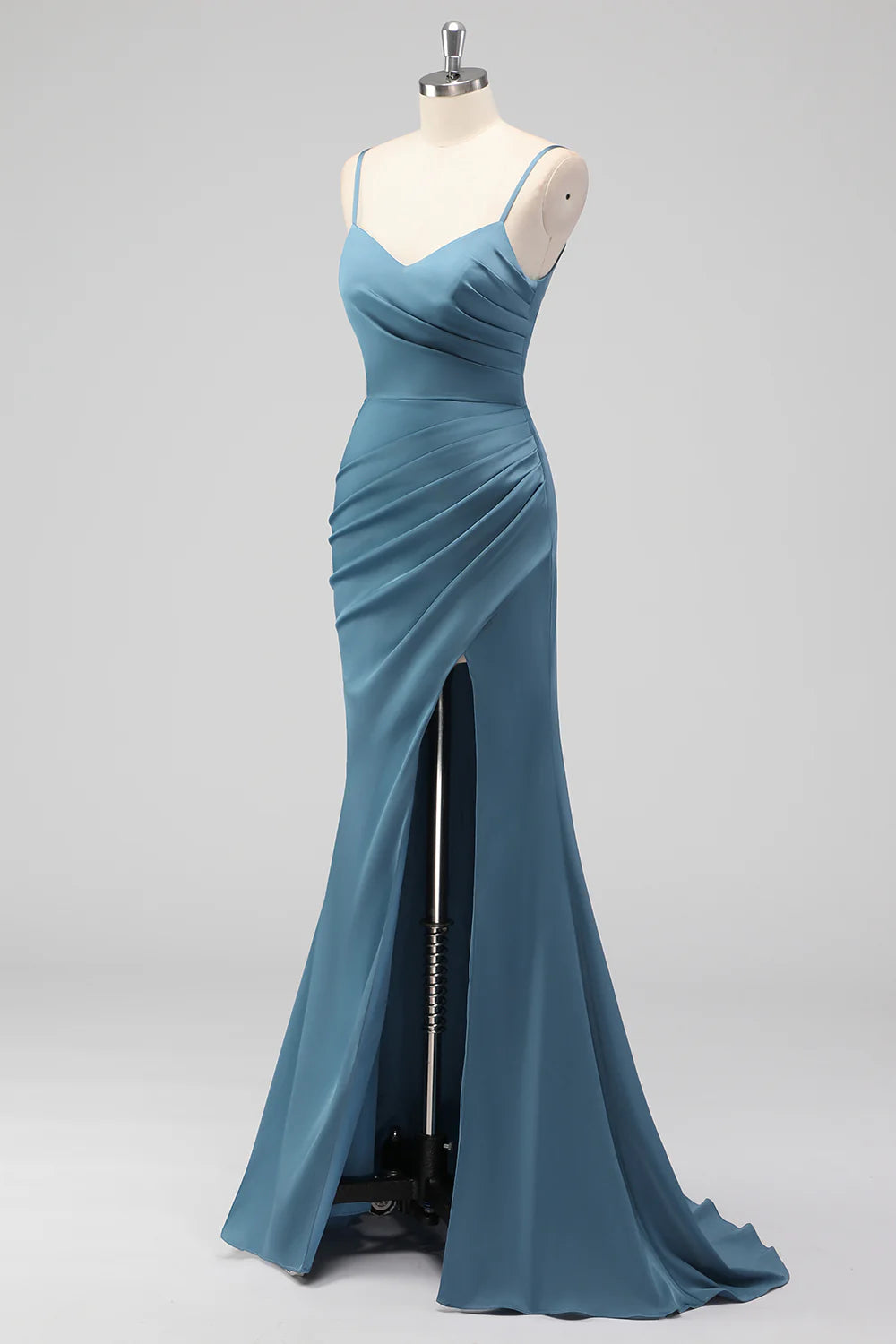 Dusty blue mermaid spaghetti strap pleated satin long bridesmaid dress with slit