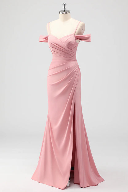 Blush Mermaid Cold Shoulder Ruched Satin Long Bridesmaid Dress with Slit
