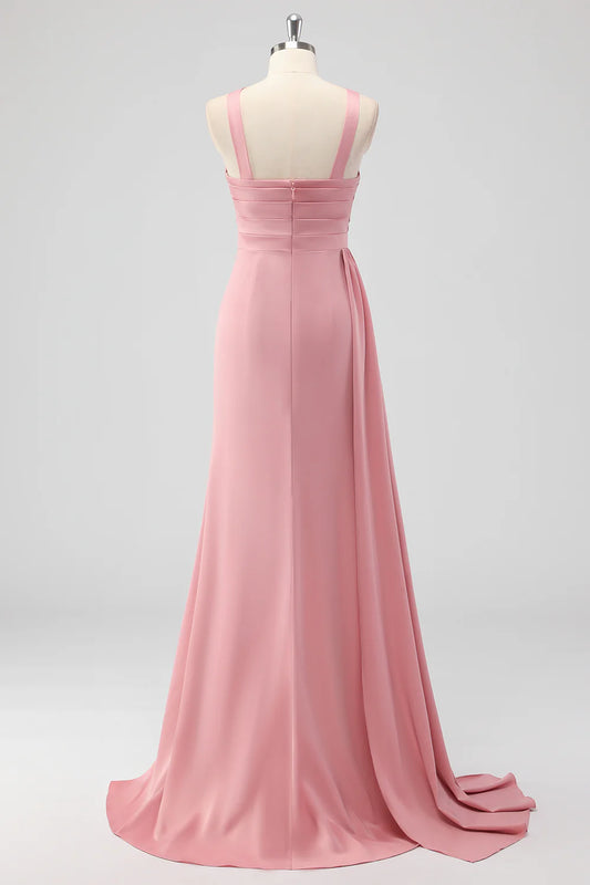 Powder blusher mermaid cold shoulder ruffle satin long bridal dress side slit