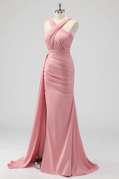 Powder blusher mermaid cold shoulder ruffle satin long bridal dress side slit