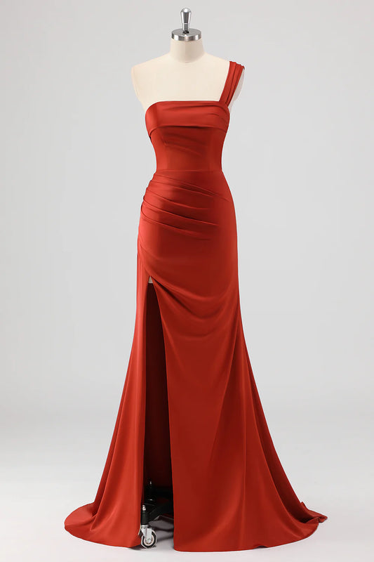 Rust Mermaid One Shoulder Ruched Satin Long Bridesmaid Dress with Slit