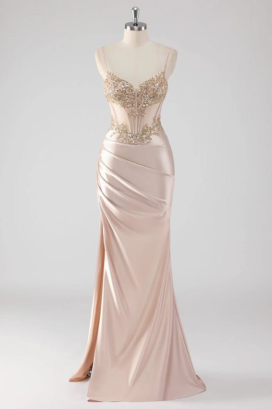 Sparkly Champagne Corset Appliqued Long Prom Dress with Slit