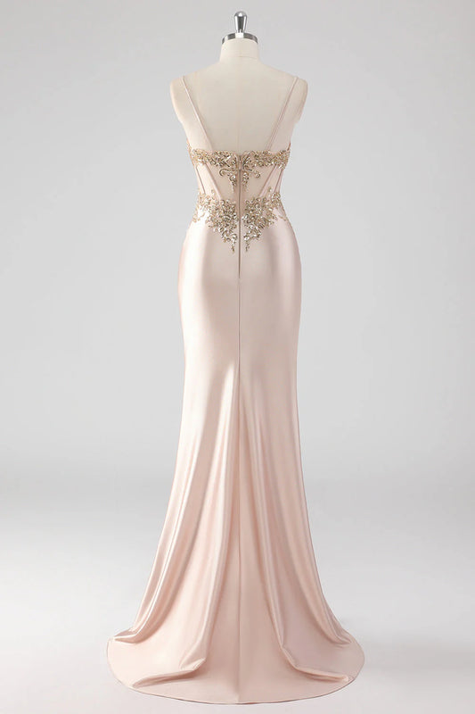 Sparkly Champagne Corset Appliqued Long Prom Dress with Slit