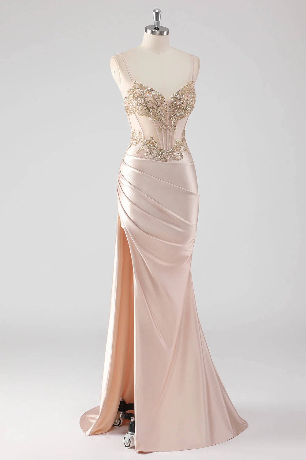 Sparkly Champagne Corset Appliqued Long Prom Dress with Slit