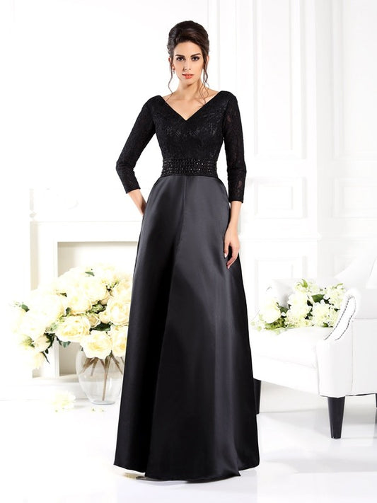 A-Line Satin V-neck 3/4 Sleeves Floor-Length With Beading Mother of the Bride Dresses