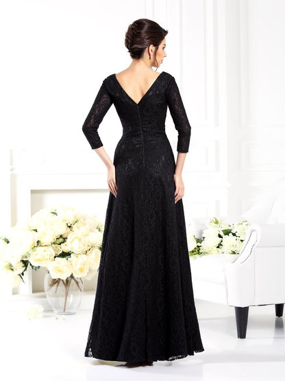 A-Line Satin V-neck 3/4 Sleeves Floor-Length With Beading Mother of the Bride Dresses