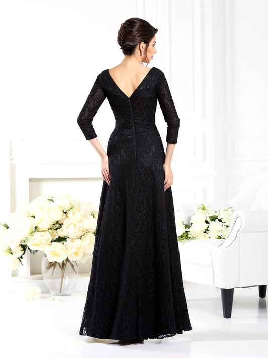A-Line Satin V-neck 3/4 Sleeves Floor-Length With Beading Mother of the Bride Dresses