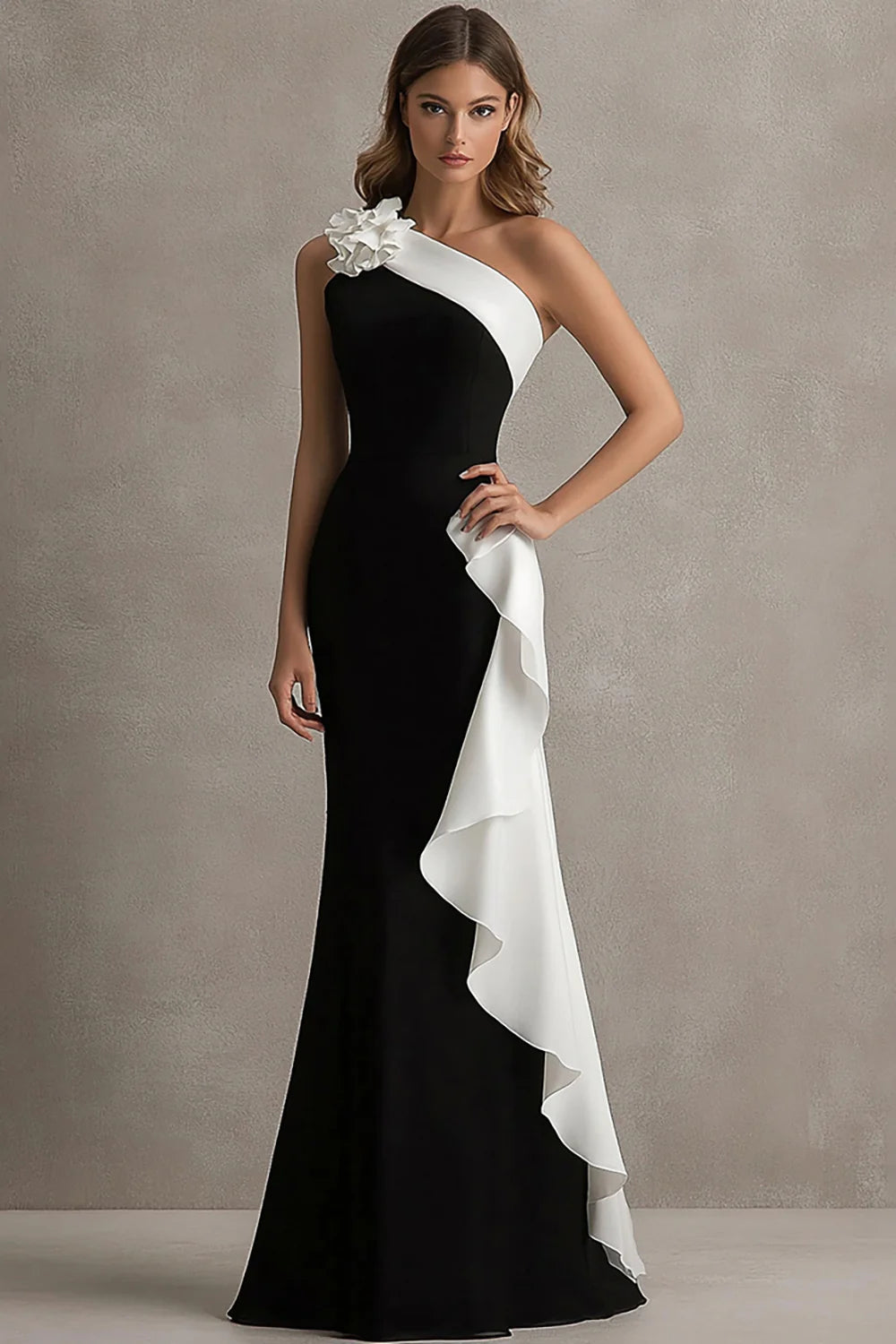 Black One Shoulder Mermaid Long Formal Dress With Streamer