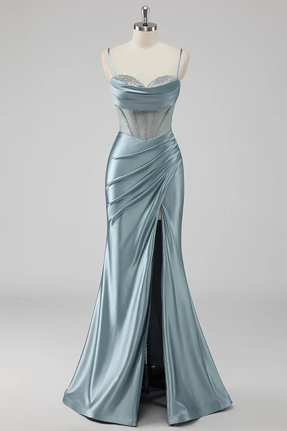Grey Blue Mermaid Spaghetti Straps Corset Long Prom Dress with Slit