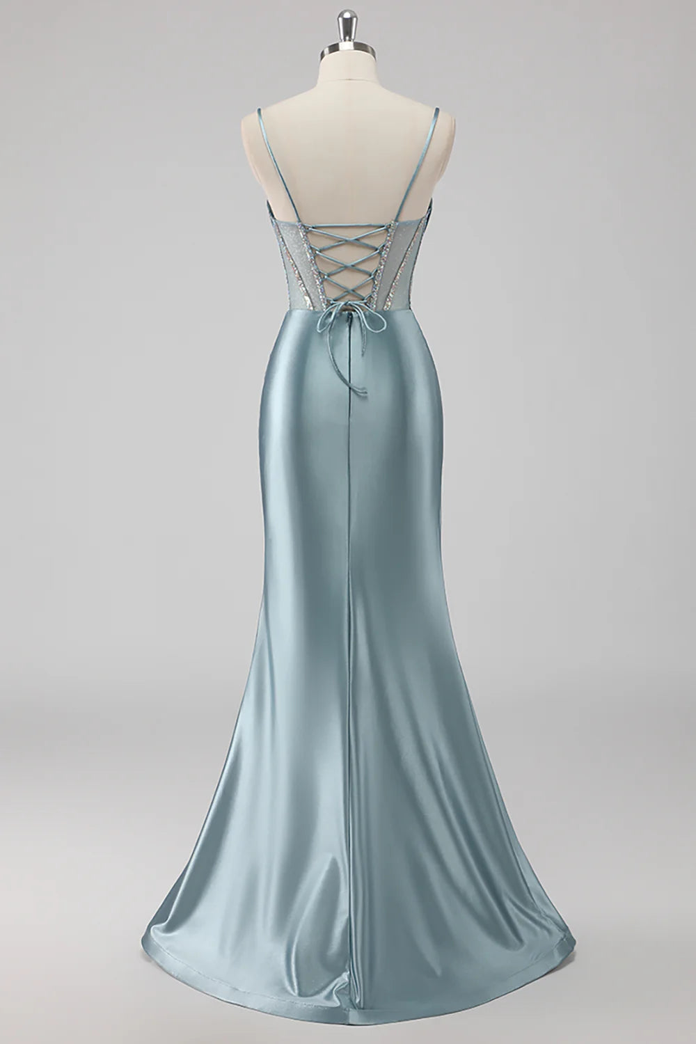 Grey Blue Mermaid Spaghetti Straps Corset Long Prom Dress with Slit