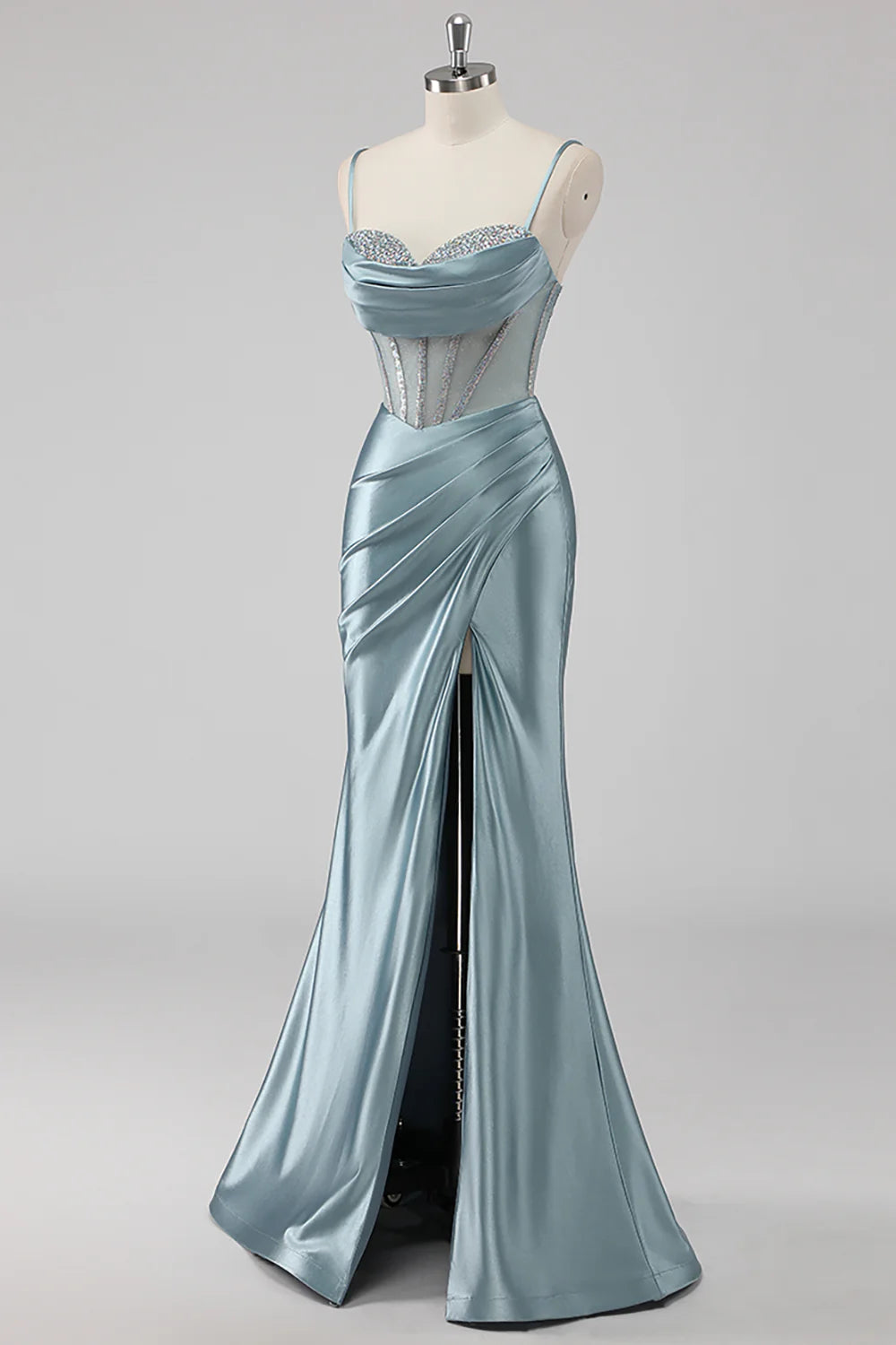 Grey Blue Mermaid Spaghetti Straps Corset Long Prom Dress with Slit