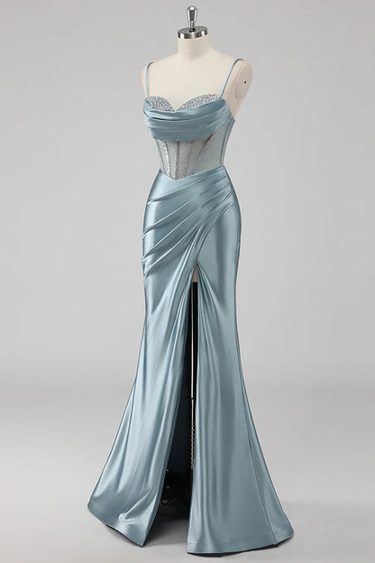 Grey Blue Mermaid Spaghetti Straps Corset Long Prom Dress with Slit