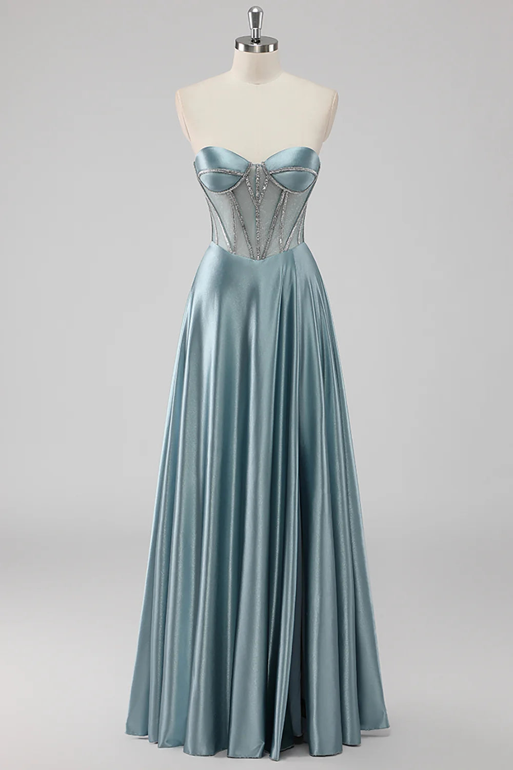 Grey Blue A Line Corset Strapless Beaded Long Prom Dress