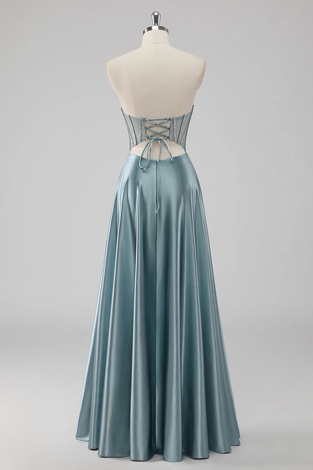 Grey Blue A Line Corset Strapless Beaded Long Prom Dress