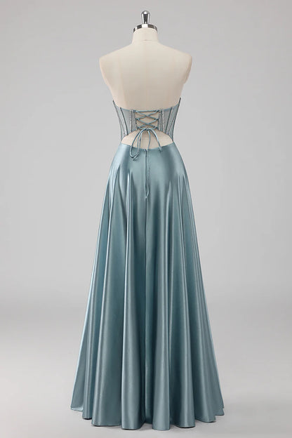 Grey Blue A Line Corset Strapless Beaded Long Prom Dress