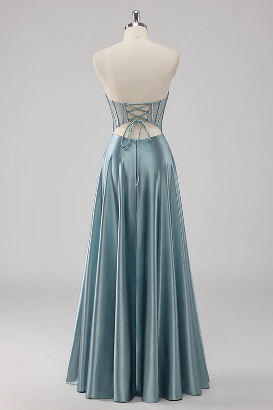 Grey Blue A Line Corset Strapless Beaded Long Prom Dress