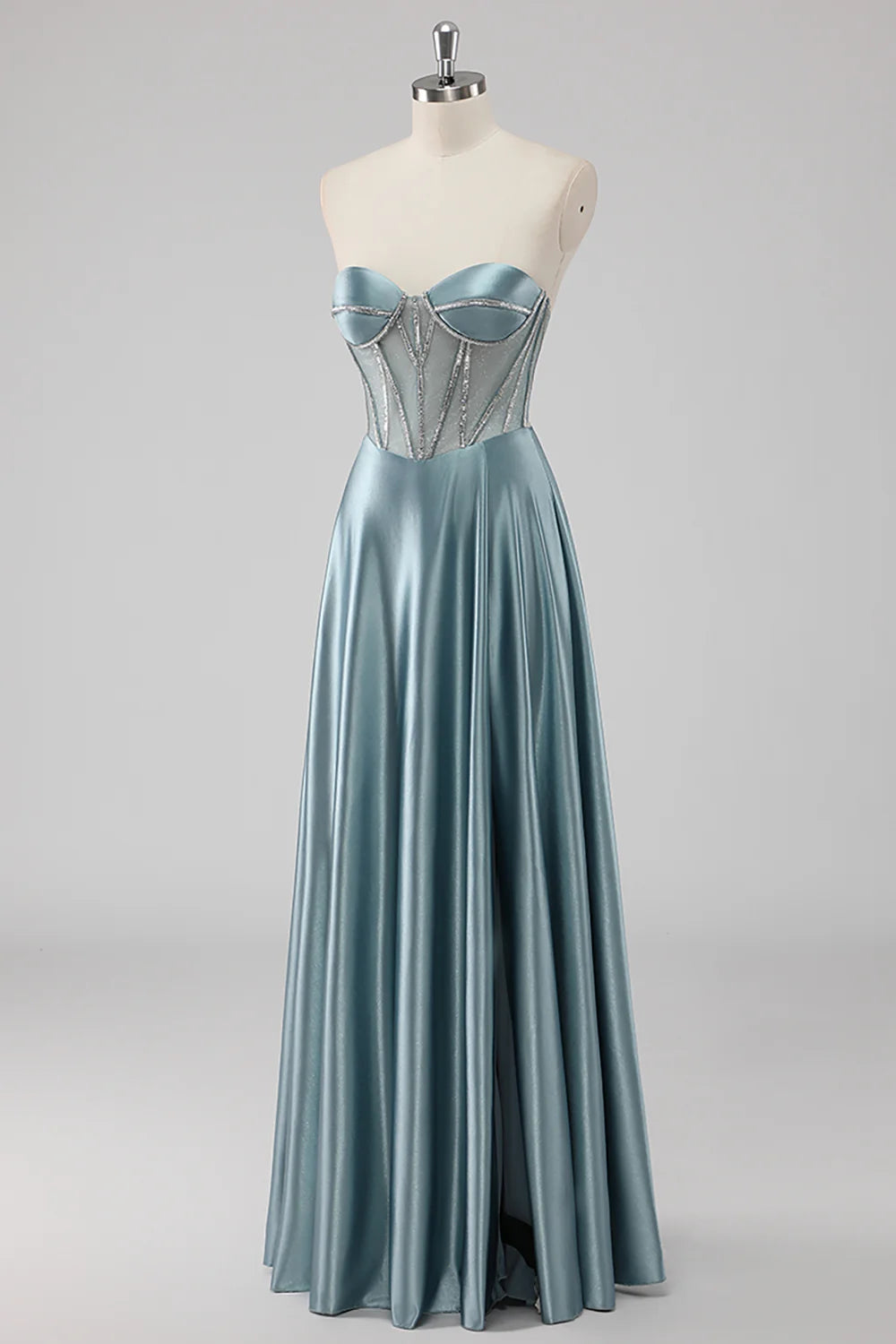 Grey Blue A Line Corset Strapless Beaded Long Prom Dress