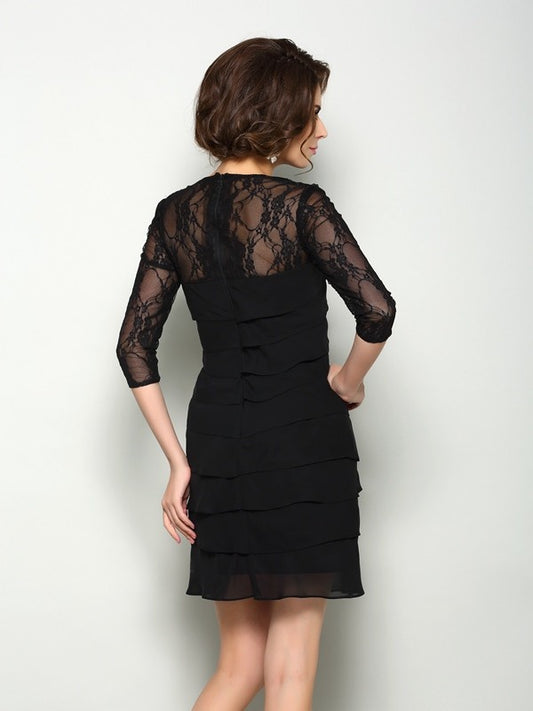 A-Line Chiffon Scoop 1/2 Sleeves Short/Mini With Layers Mother of the Bride Dresses