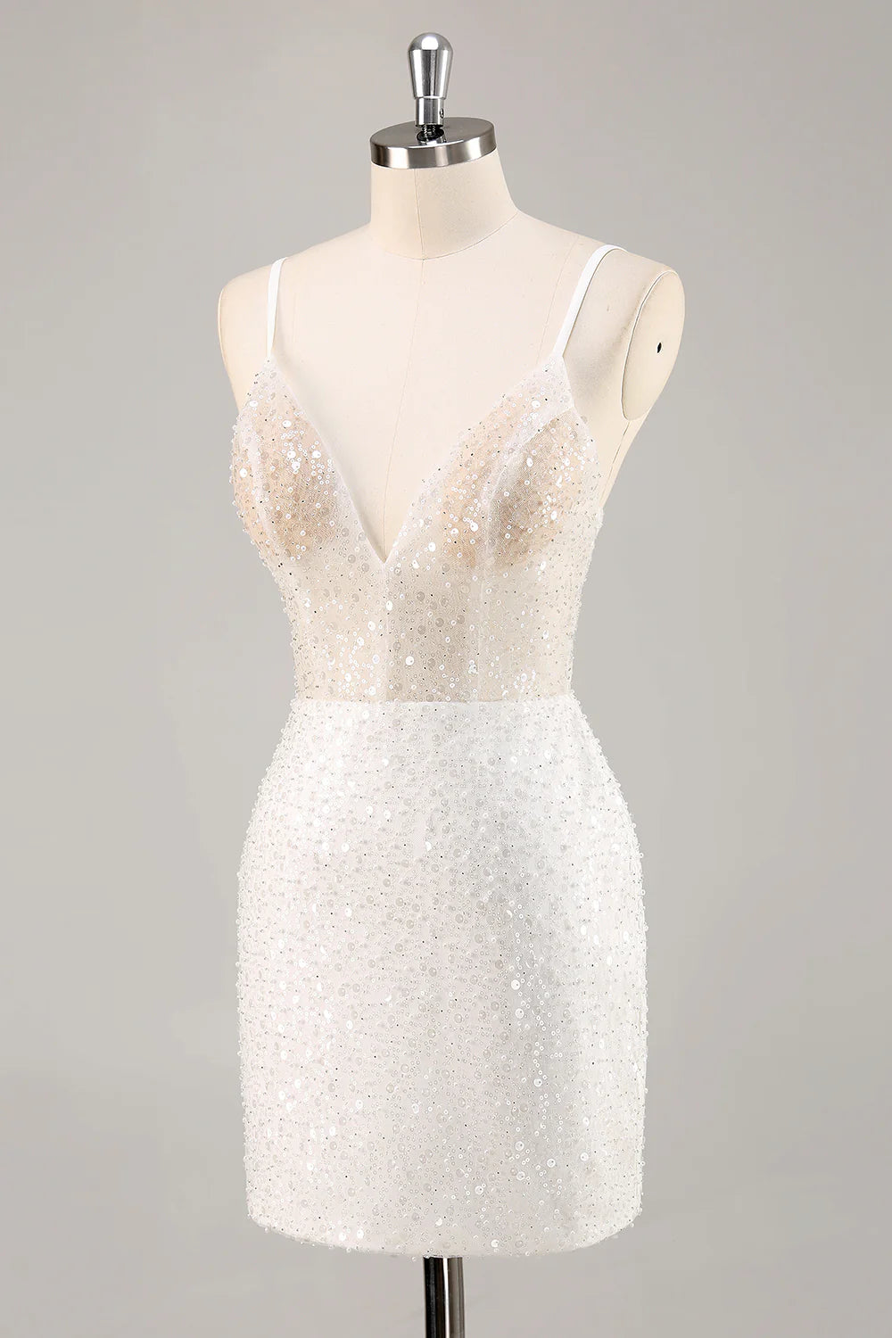 White Spaghetti Straps Tight Homecoming Dress With Sequins
