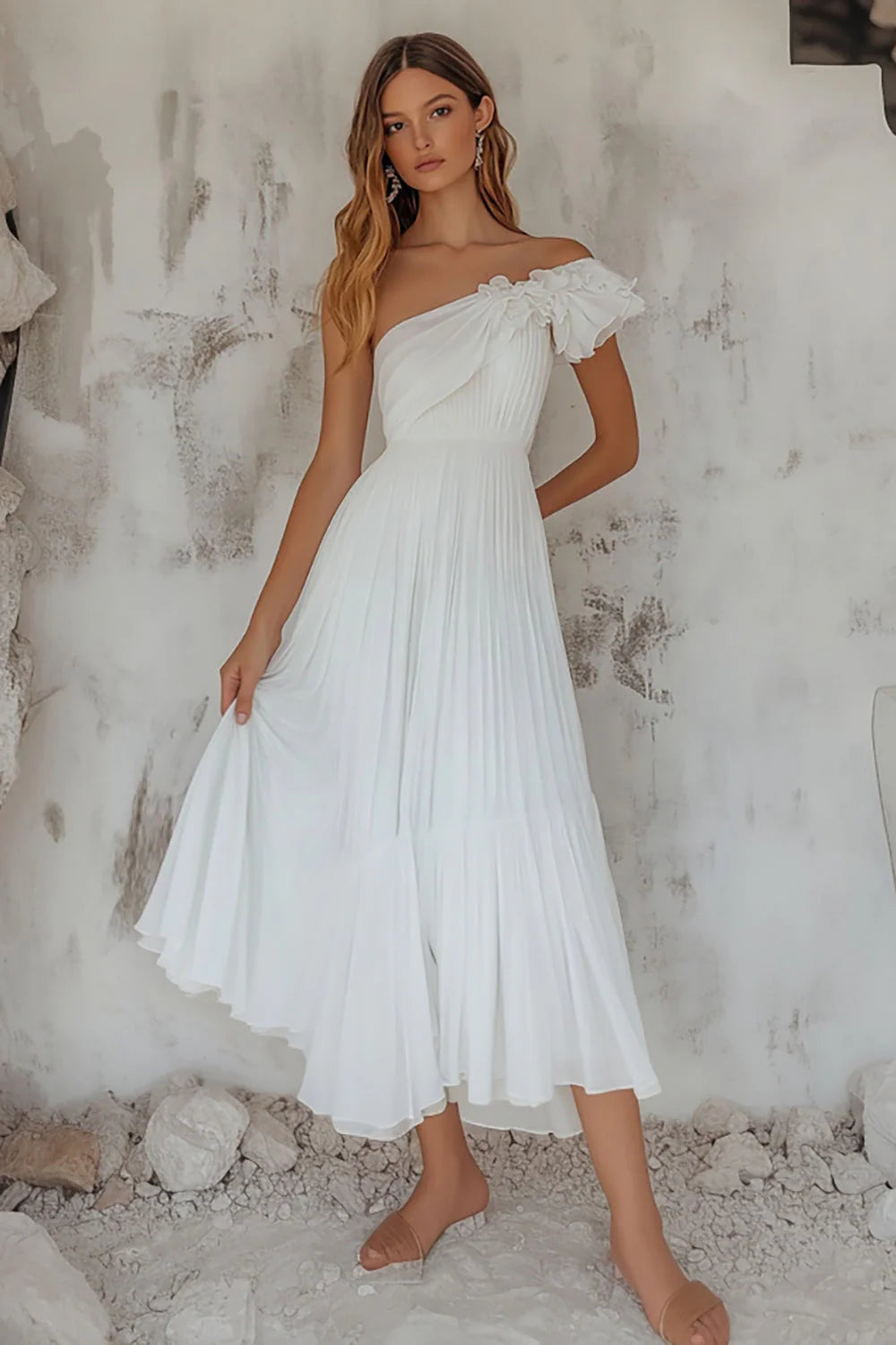 White A-line single shoulder pleated dress