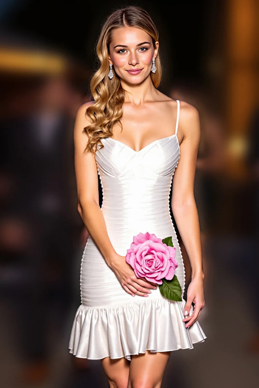 Thin suspender simple white tight dress with ruffles