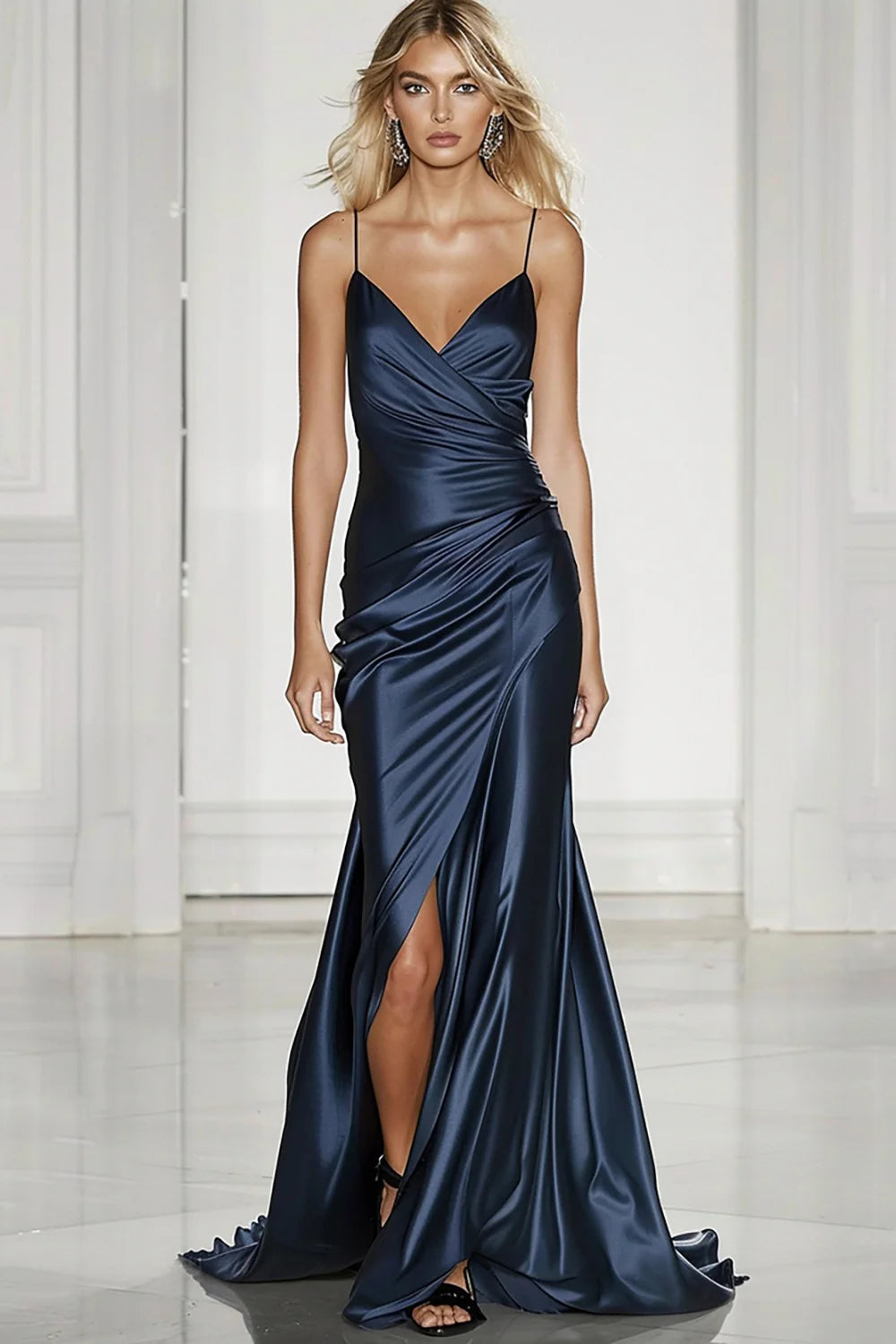 Dark Blue Satin Ruched A Line Formal Dress With Slit