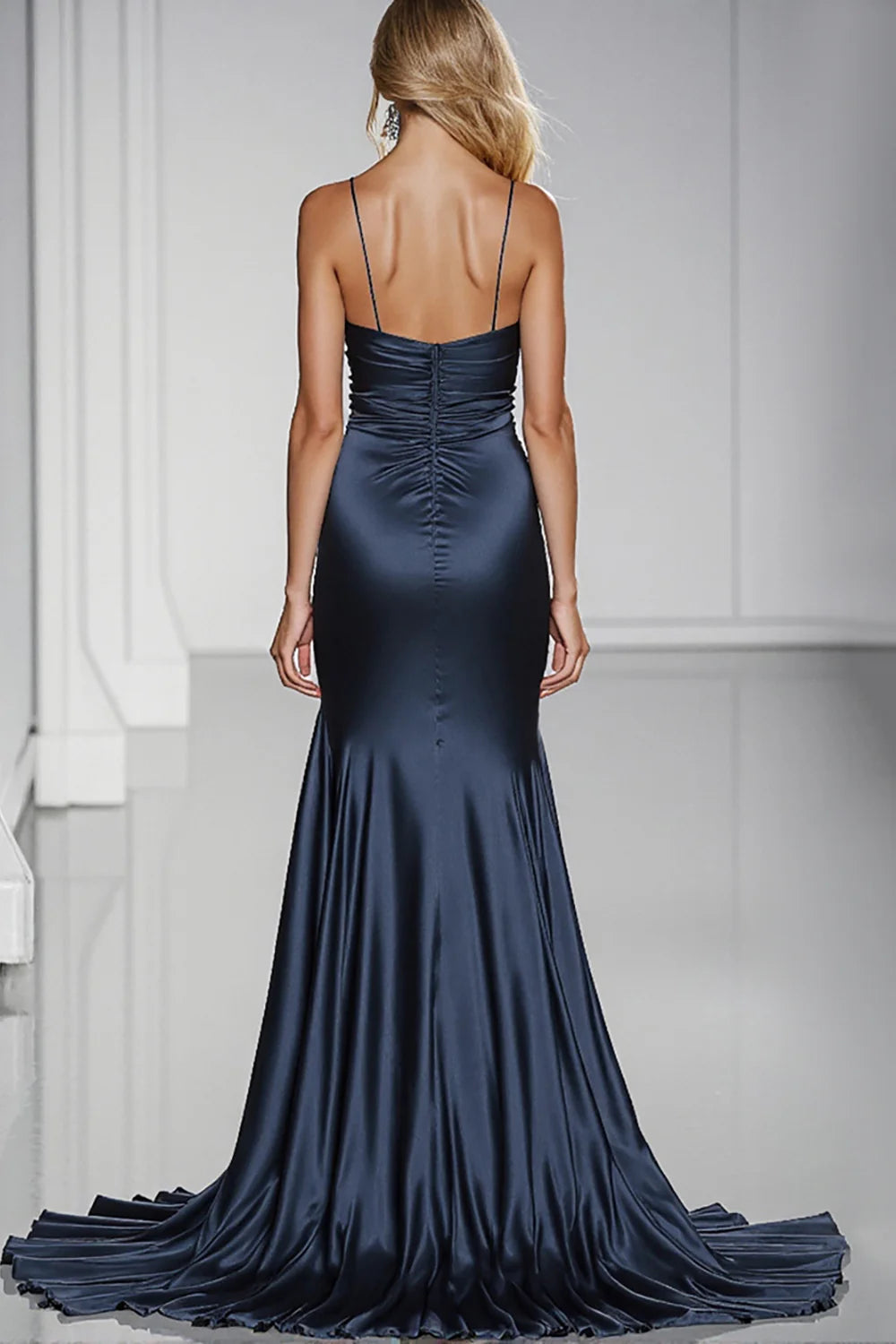 Dark Blue Satin Ruched A Line Formal Dress With Slit