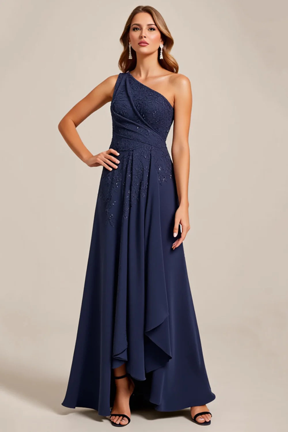 Navy One Shoulder A Line Asymmetrical Formal Dress With Appliques