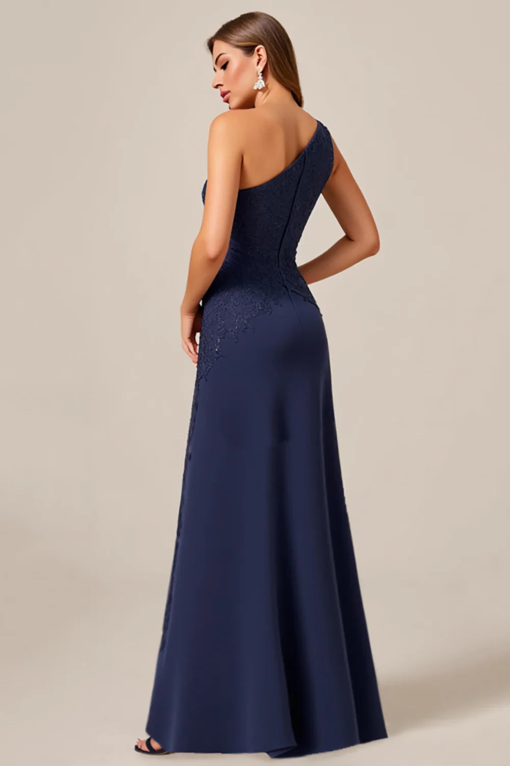 Navy One Shoulder A Line Asymmetrical Formal Dress With Appliques