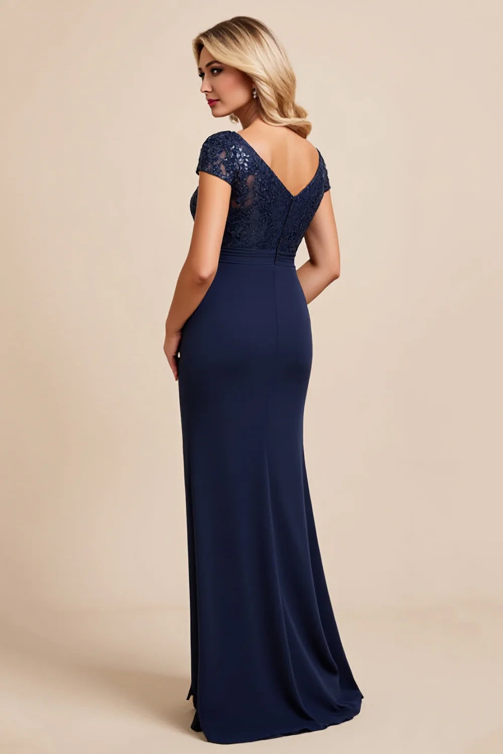 Navy Sheath Long Formal Dress With Appliques