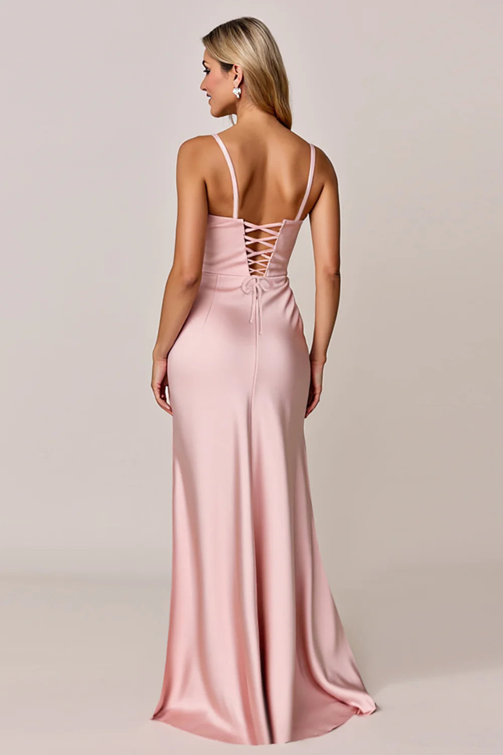 Blush Ruched Satin Spaghetti Straps Mermaid Long Wedding Guest Dress With Slit