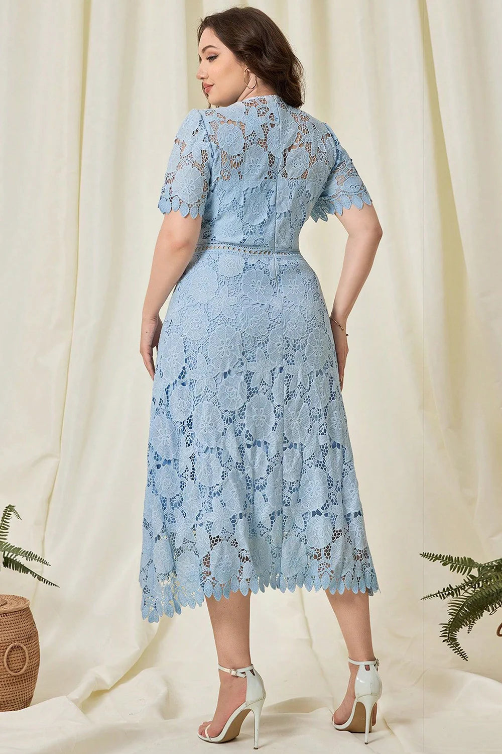 Plus Size Sky Blue A Line Midi Lace Floral Mother Of The Bride Dress