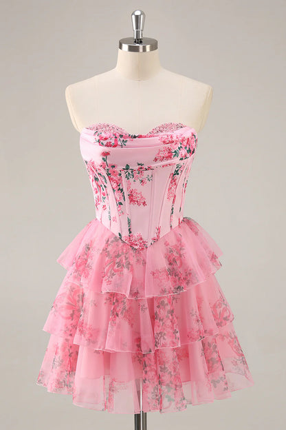 A-line strapless layered flower back to school dress