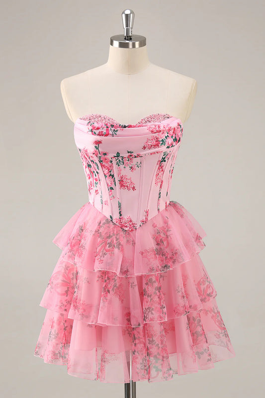 A-line strapless layered flower back to school dress