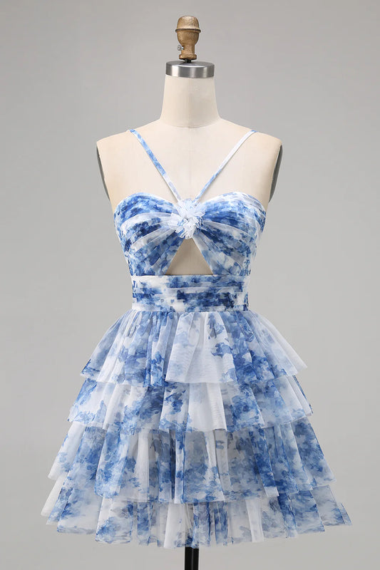 Flower A-line suspender printed layered back to school dress