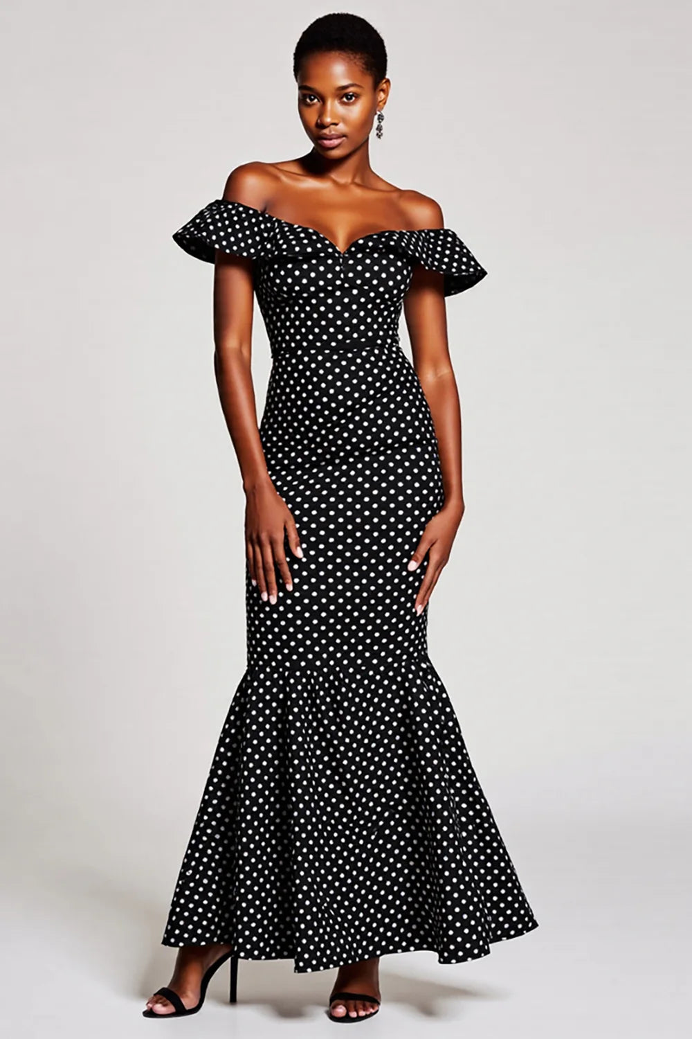 Black White Dots Off The Shoulder Mermaid Formal Dress
