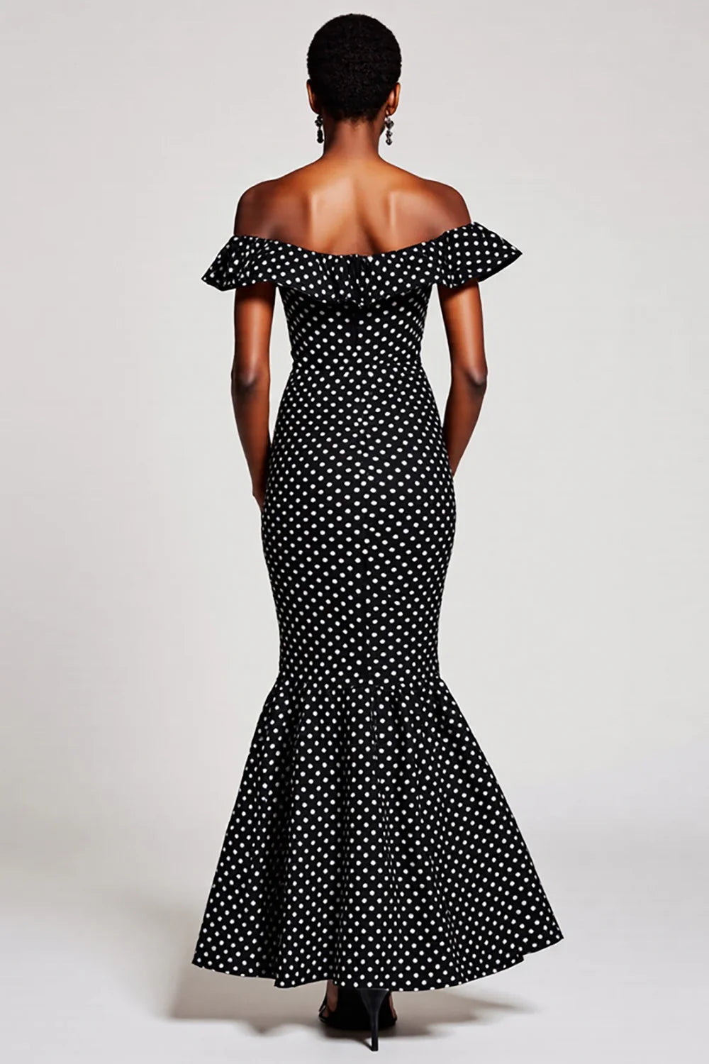 Black White Dots Off The Shoulder Mermaid Formal Dress