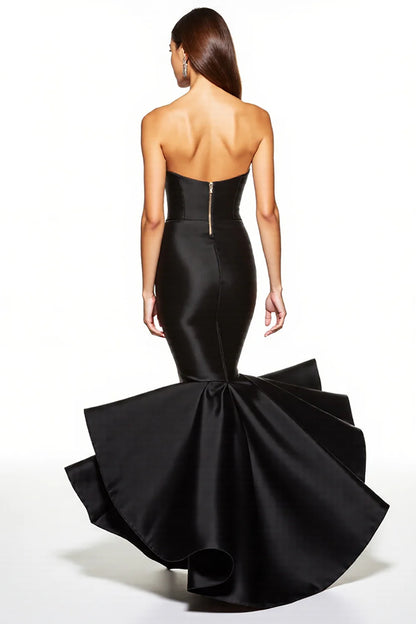 Black Satin Strapless Mermaid High Low Formal Dress