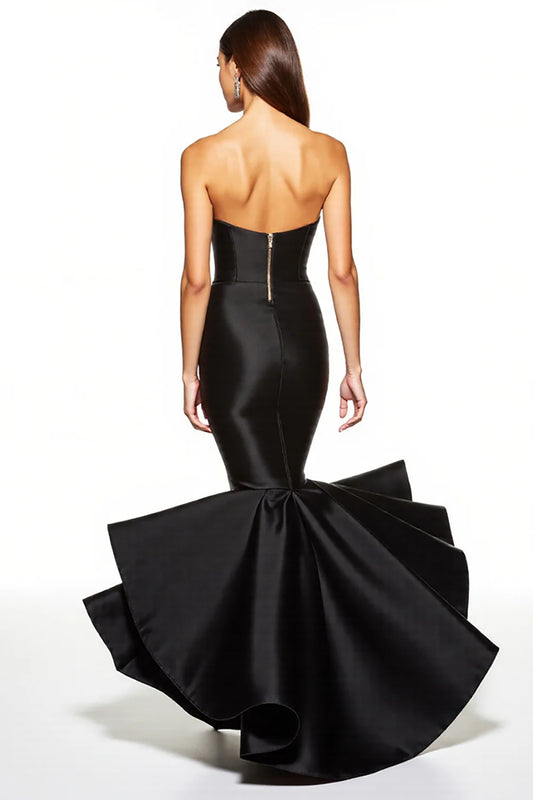 Black Satin Strapless Mermaid High Low Formal Dress