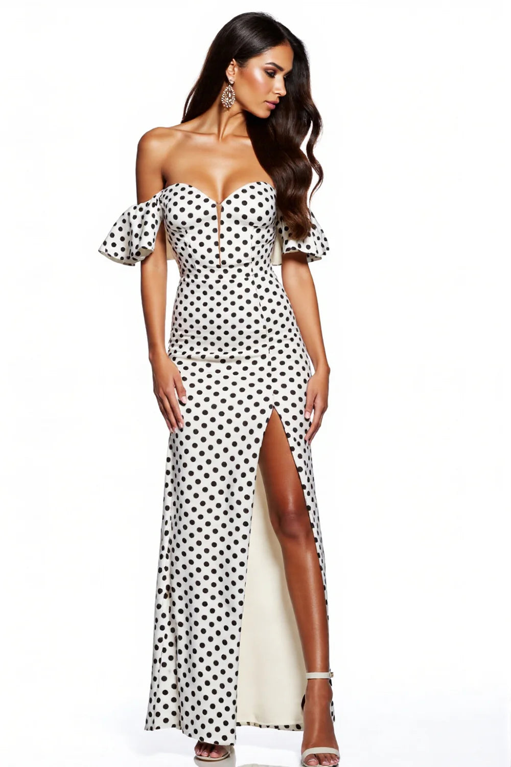 White Black Dots Off The Shoulder A Line Formal Dress With Slit