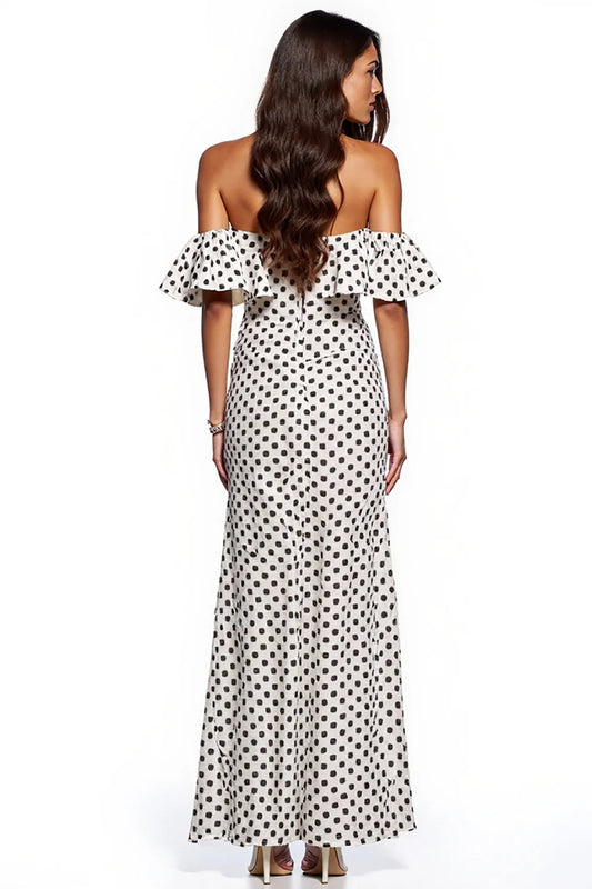 White Black Dots Off The Shoulder A Line Formal Dress With Slit