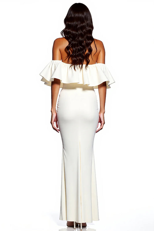 White Ruffled Off The Shoulder Formal Dress With Slit