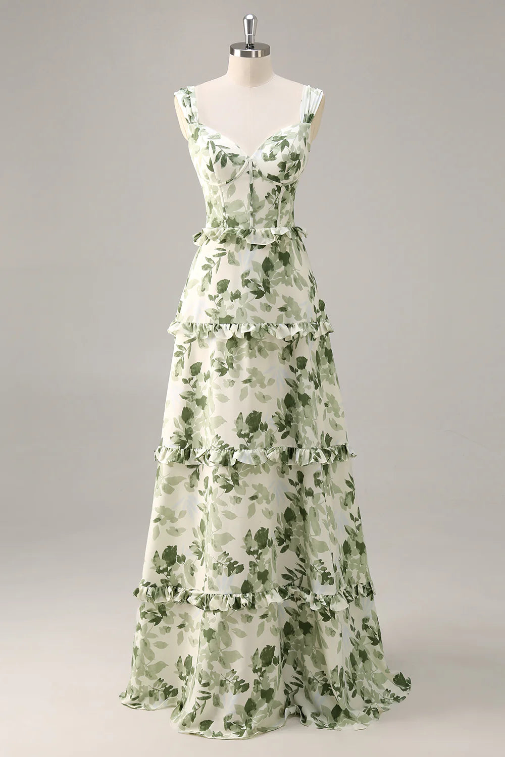 Green Flower A Line Corset Tiered Floor Length Dress with Lace Up Back