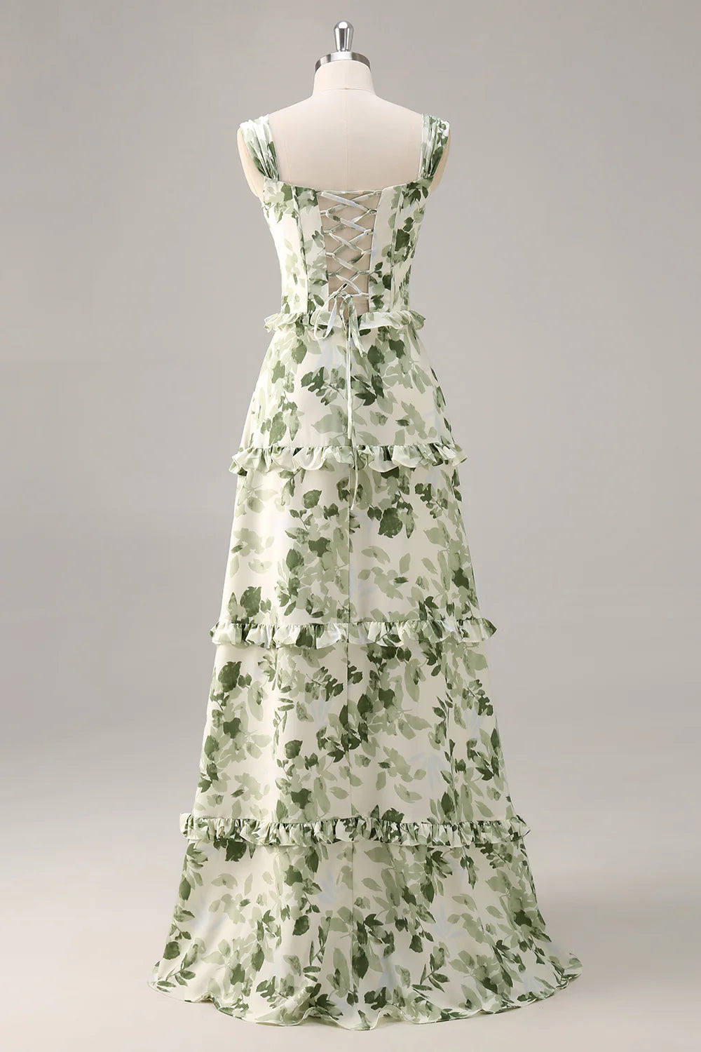 Green Flower A Line Corset Tiered Floor Length Dress with Lace Up Back