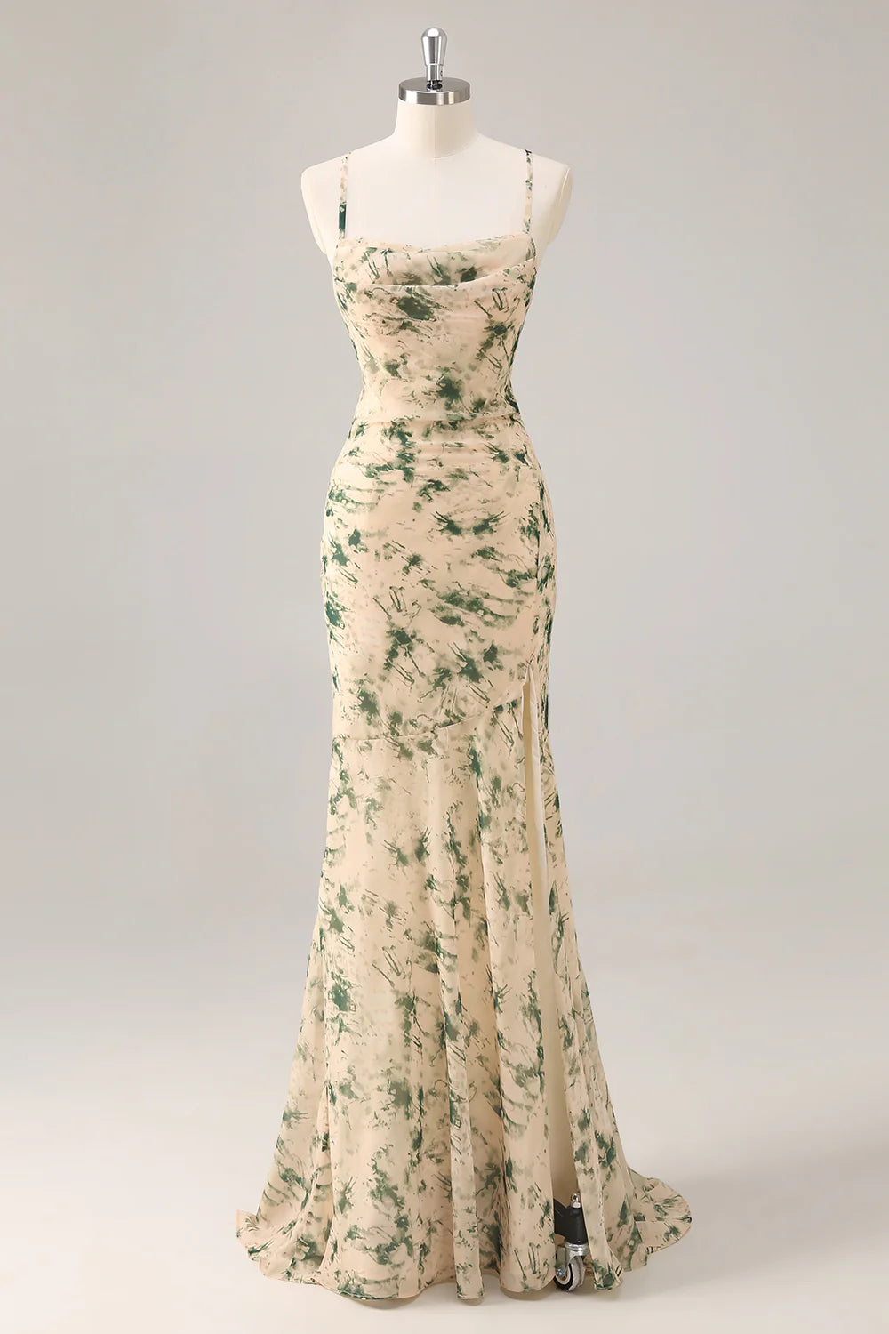 Champagne spaghetti strap backless bridesmaid dress with side slit