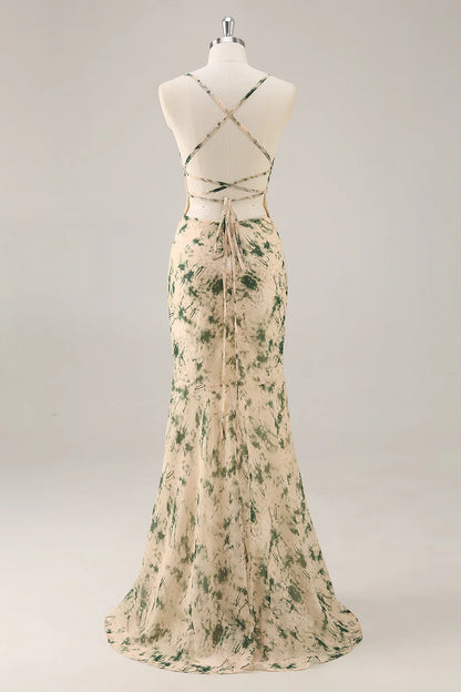 Champagne spaghetti strap backless bridesmaid dress with side slit