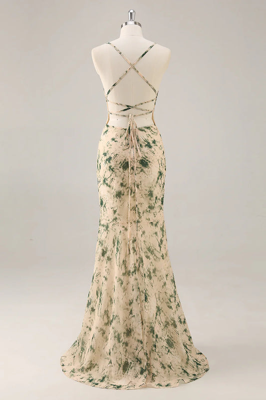 Champagne spaghetti strap backless bridesmaid dress with side slit