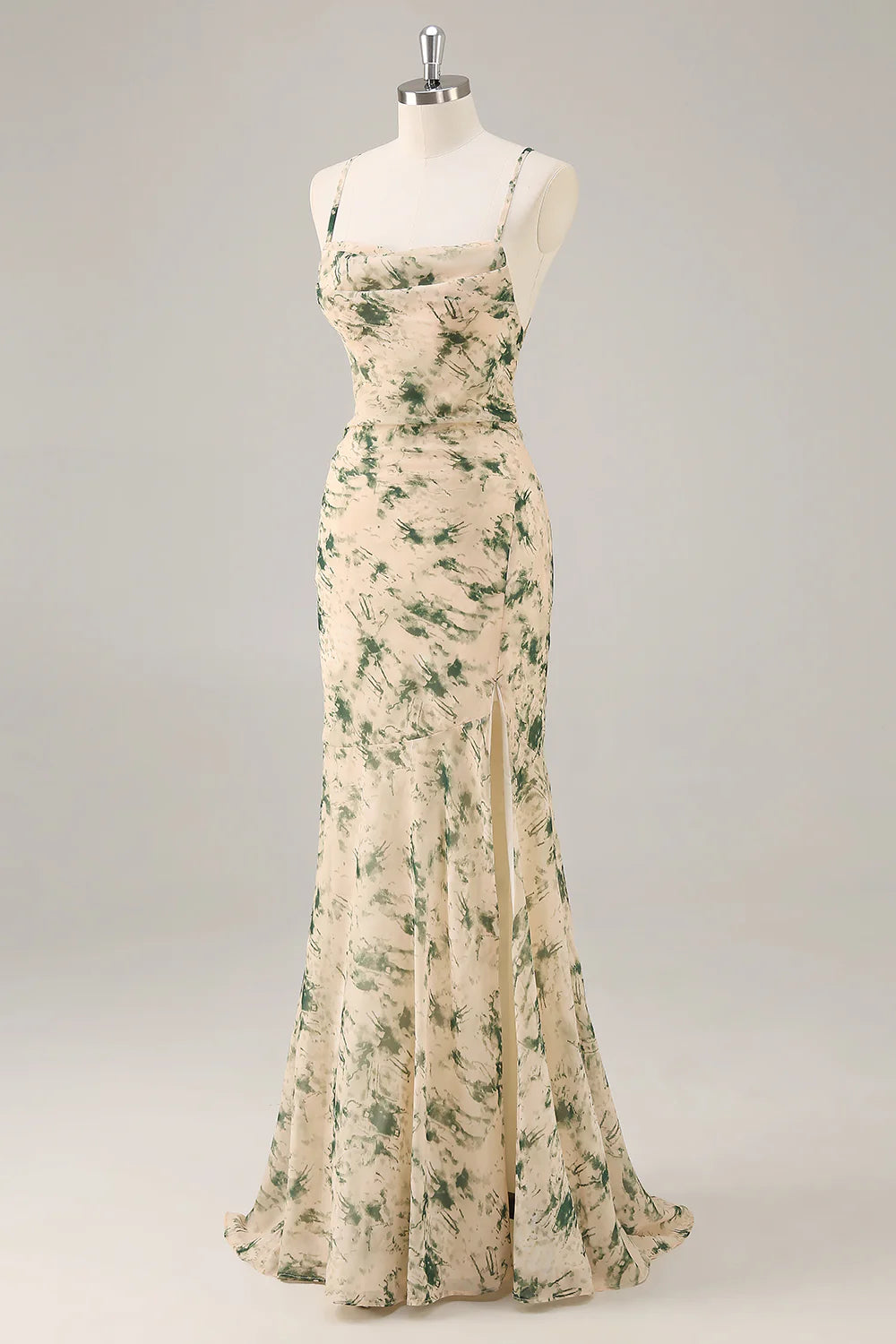 Champagne spaghetti strap backless bridesmaid dress with side slit